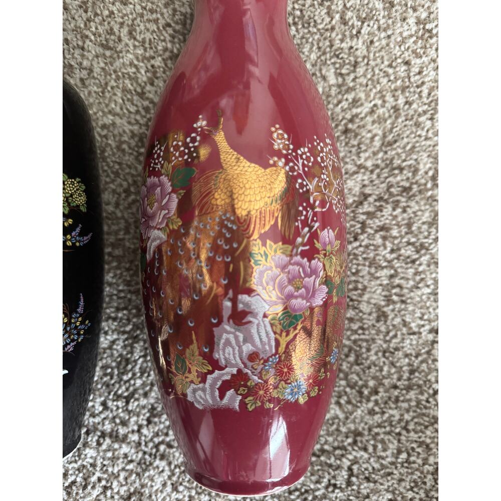 Set Of‎ 2 Imperial Made In Japan Red Black Peacock Floral Vases Gold Tone Accent - Picture 5 of 5